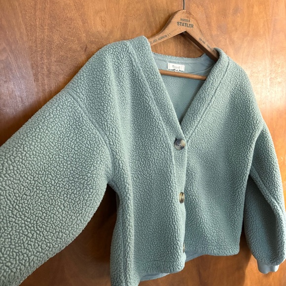 Madewell Resourced Fleece Cropped Teddy Cardigan Sweater Mint Green Oversized - Picture 8 of 14